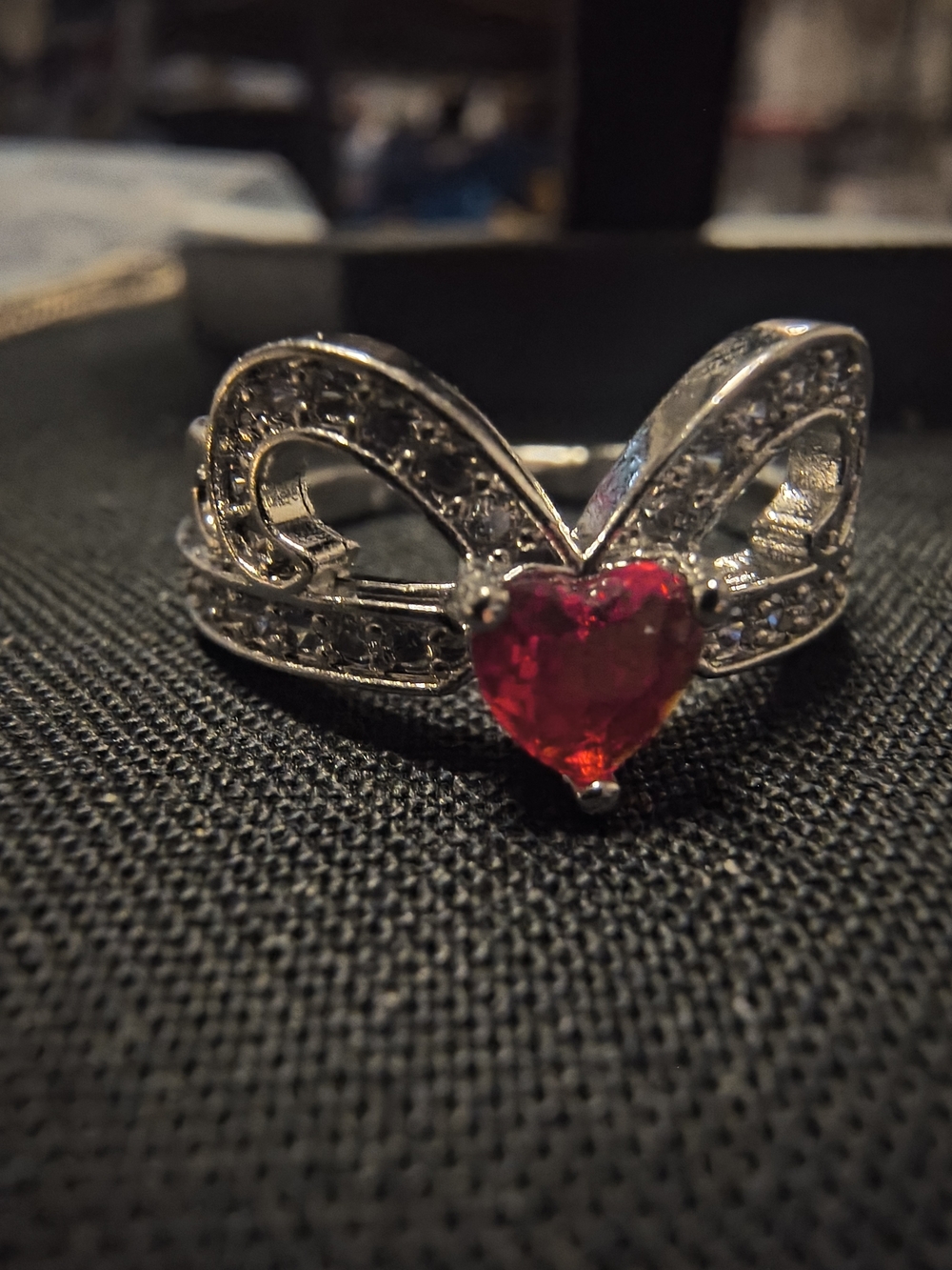 Silver Heart Ring with Red Gemstone